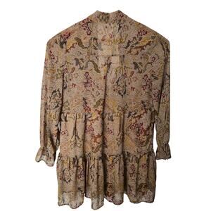 Elan Boho Cottage Core LongsleeveOlive Tiered Collard Self-tied Neckline Dress M